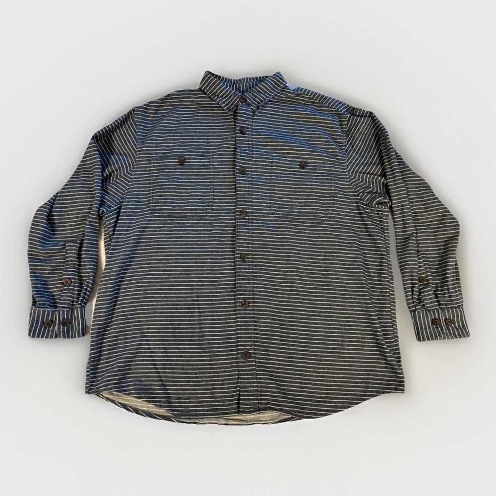 Duluth Trading Co Button Down Shirt Mens XL Blue White‎ Stripe Relaxed Fit Work
